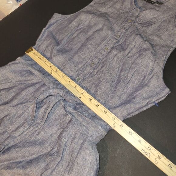 Tahari Linen Blue Embroidered Sleeveless Shirt Dress 4 - Picture 7 of 11